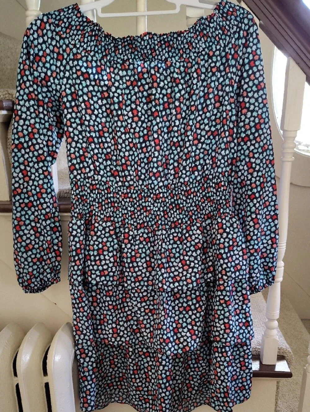 Michael Kors Navy Floral Smocked Waist Long Sleeve Dress